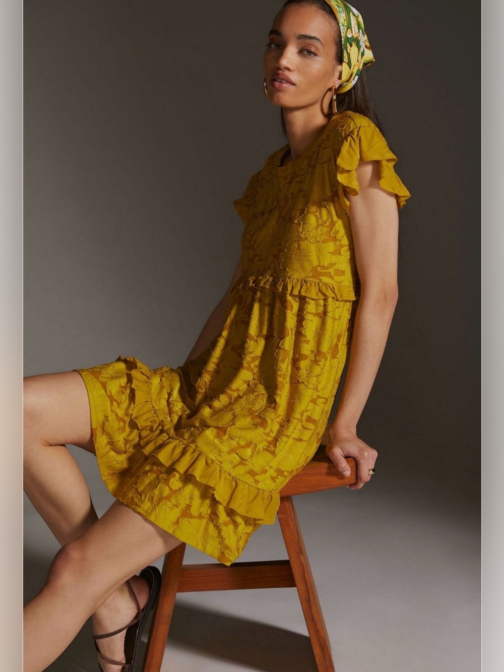 Anthropologie Ruffle Knit Mustard Yellow Short Mini floral Dress